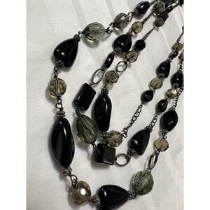 Vintage Glass 3 Strand Necklace Black Gray And Silver Tone